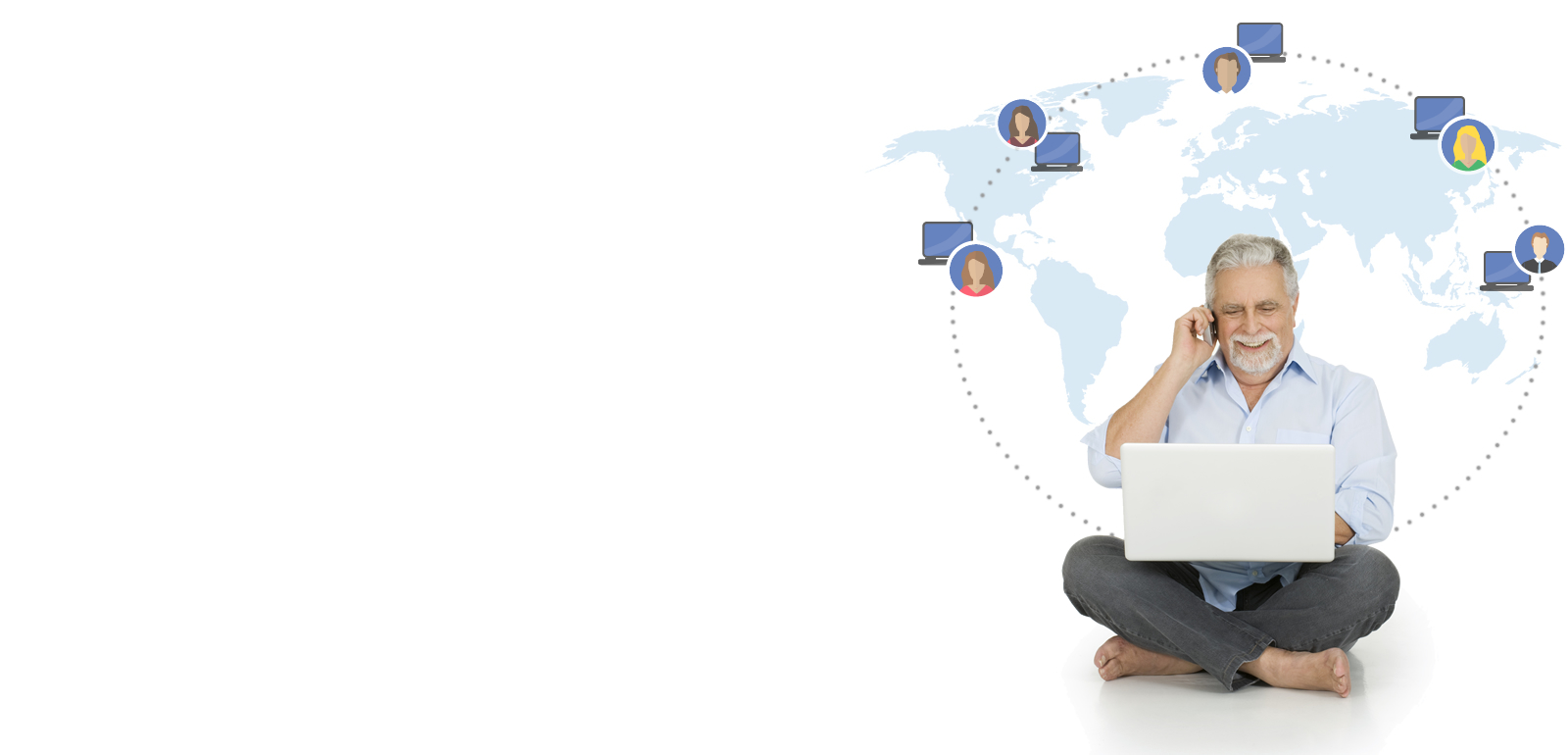 Photo of a senior man talking on cell phone with a laptop in his lap.