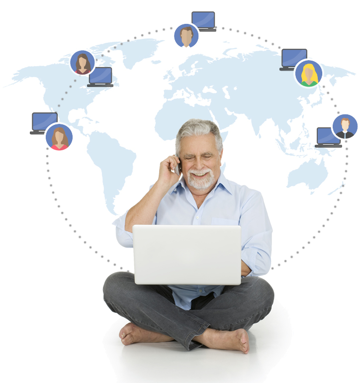 Photo of a senior man talking on cell phone with a laptop in his lap.