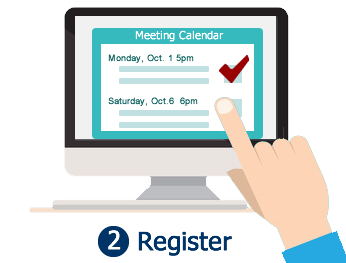 Step 2: Register for meetings.  Photo shows the SGC meeting calendar with a member selecting a meeting.